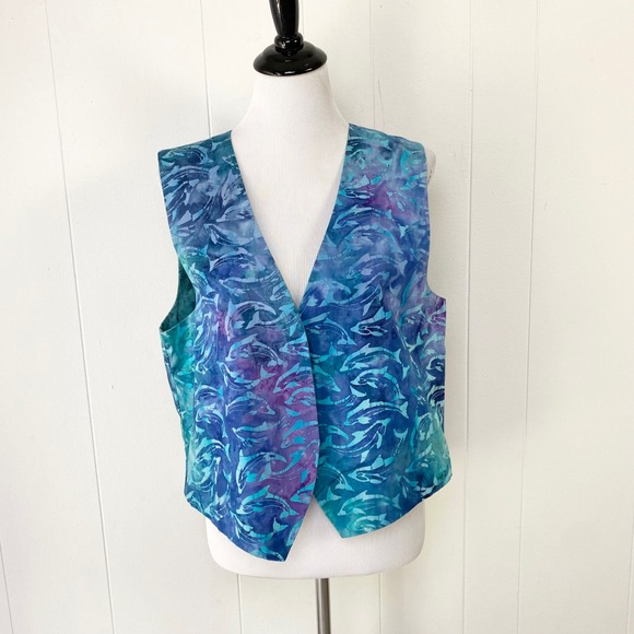 Jackets & Blazers - Handmade Batik Reversible Dolphin Vest Blue Teal Purple Open Front Women's M L